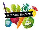 Zeichnung verschiedener Obst und Gemüse und BioStadt Bremen Logo