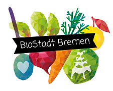 Zeichnung verschiedener Obst und Gemüse und BioStadt Bremen Logo