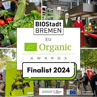 Vier aneinandergefügte Bilder von Aktivitäten der BioStadt Bremen im Hintergrund. Im Vordergrund das Logo der EU Organic Awards Finalist 2024.