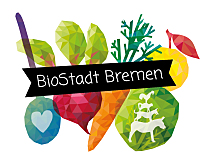 Zeichnung verschiedener Obst und Gemüse und BioStadt Bremen Logo